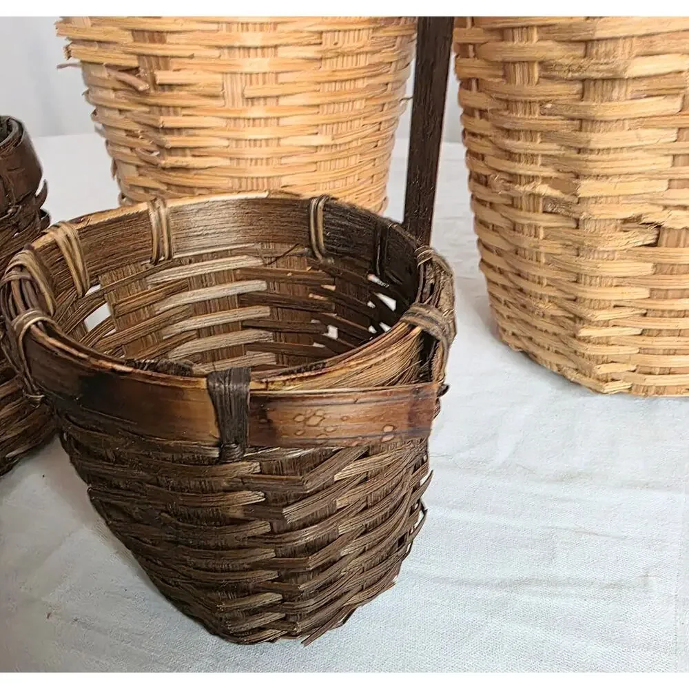 Vintage Woven Rattan Baskets with Long Cane Handles Set of 4 (Flaws)